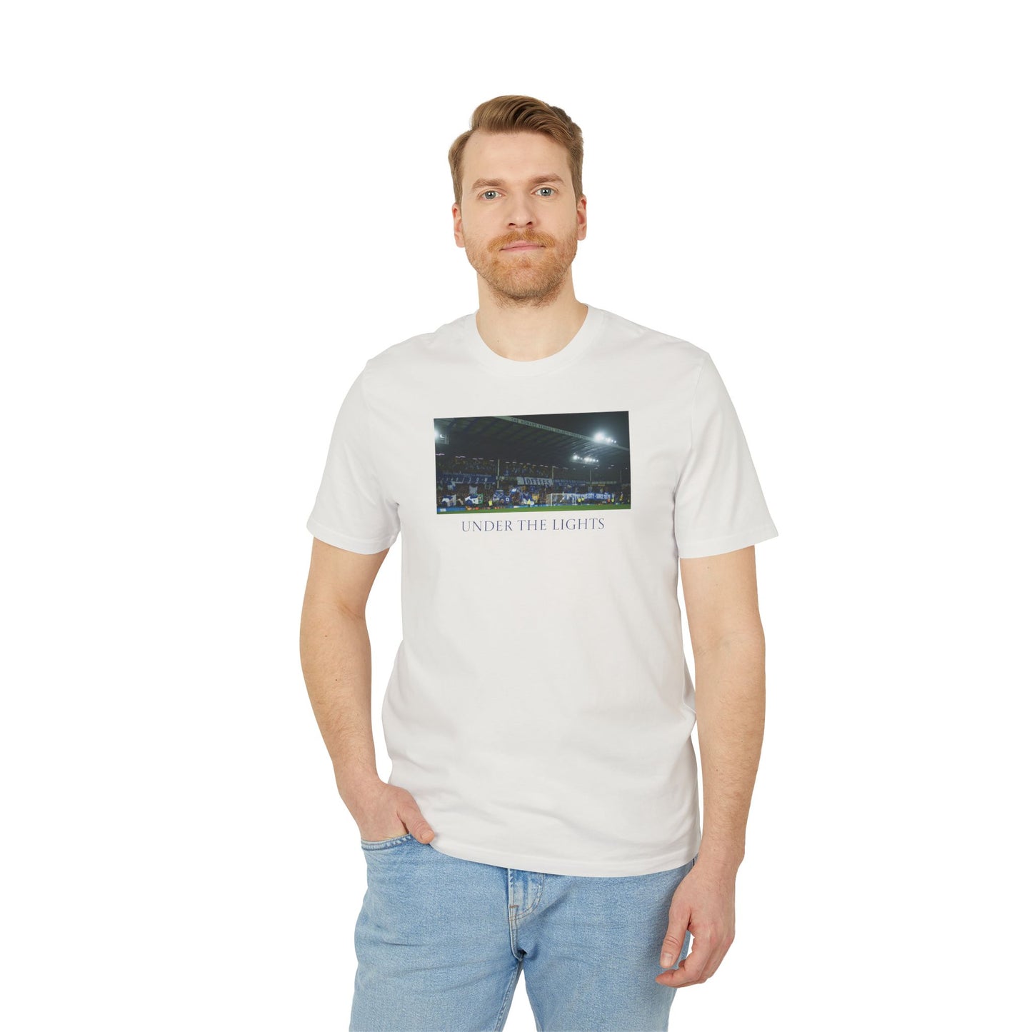Gwladys Street Under The Lights Text T-Shirt | Unisex Graphic Tee for Everton Fans