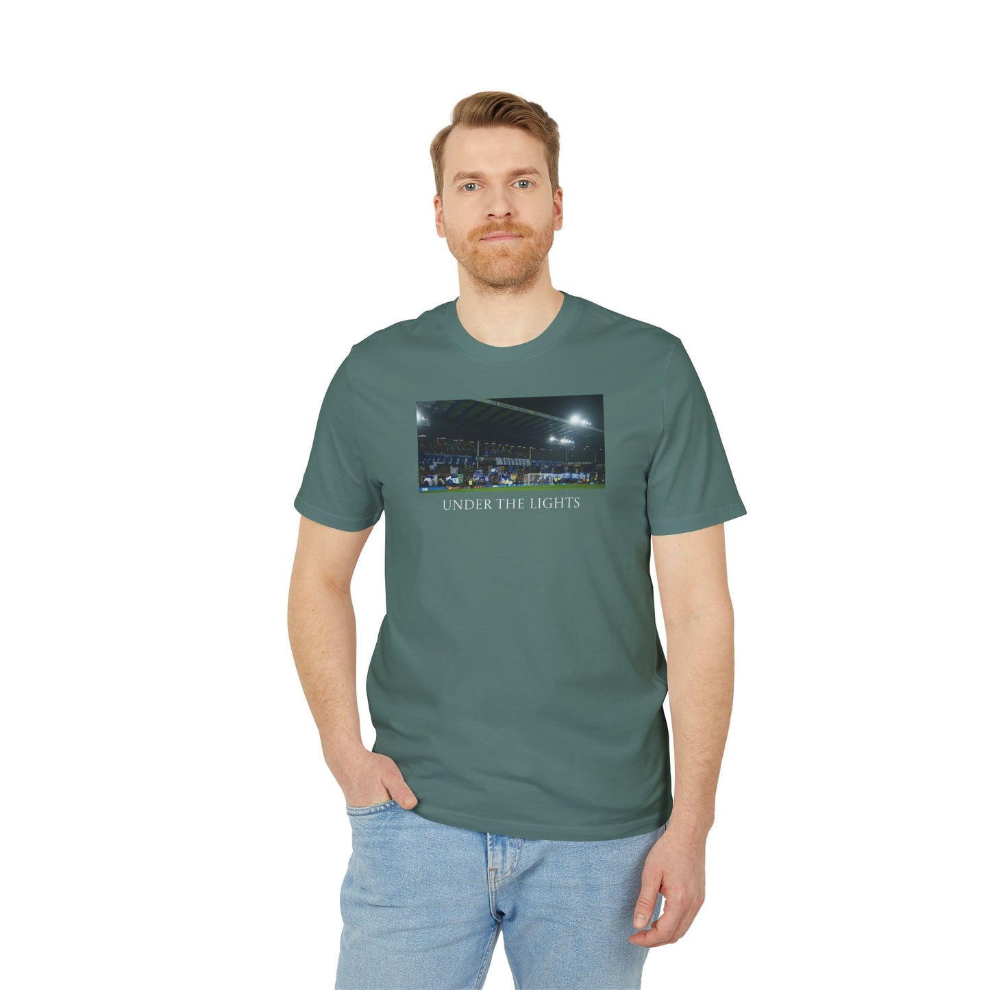 Gwladys Street Under The Lights Text T-Shirt | Unisex Graphic Tee for Everton Fans