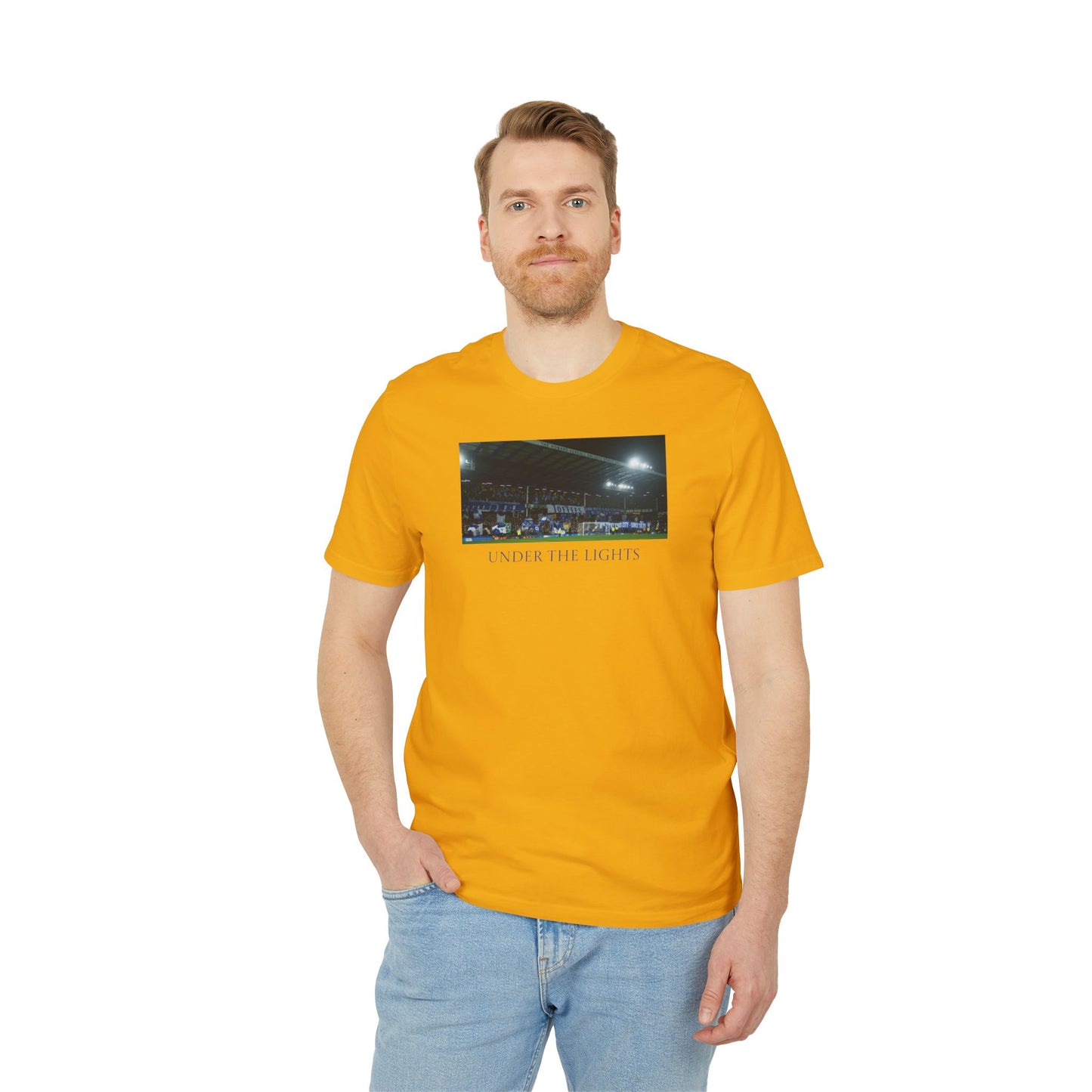 Gwladys Street Under The Lights Text T-Shirt | Unisex Graphic Tee for Everton Fans