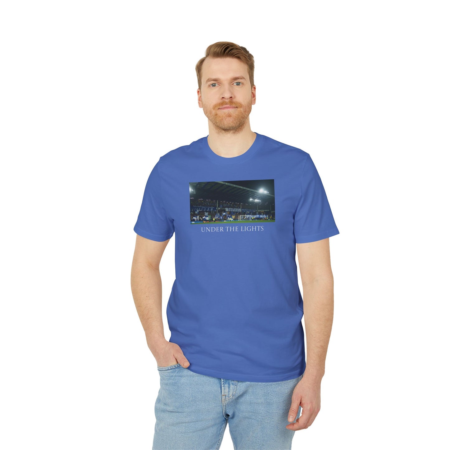 Gwladys Street Under The Lights Text T-Shirt | Unisex Graphic Tee for Everton Fans